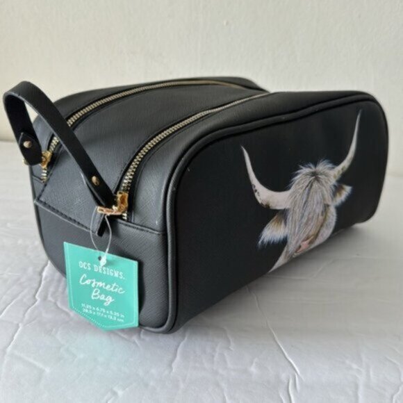 OCS Design Cow Large Cosmetic Bag Pouch Black Top Double zip closure & handle - Picture 10 of 16